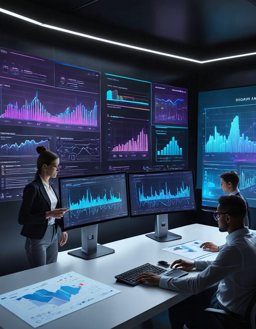 A futuristic dashboard showcasing analytics data, sleek website wireframes, and a team of professionals interacting with holographic screens. Emphasis on vibrant graphs, flowing data streams, and a minimalist, efficient workspace. Vibrant colors, tech-centric aesthetic, super-realistic.