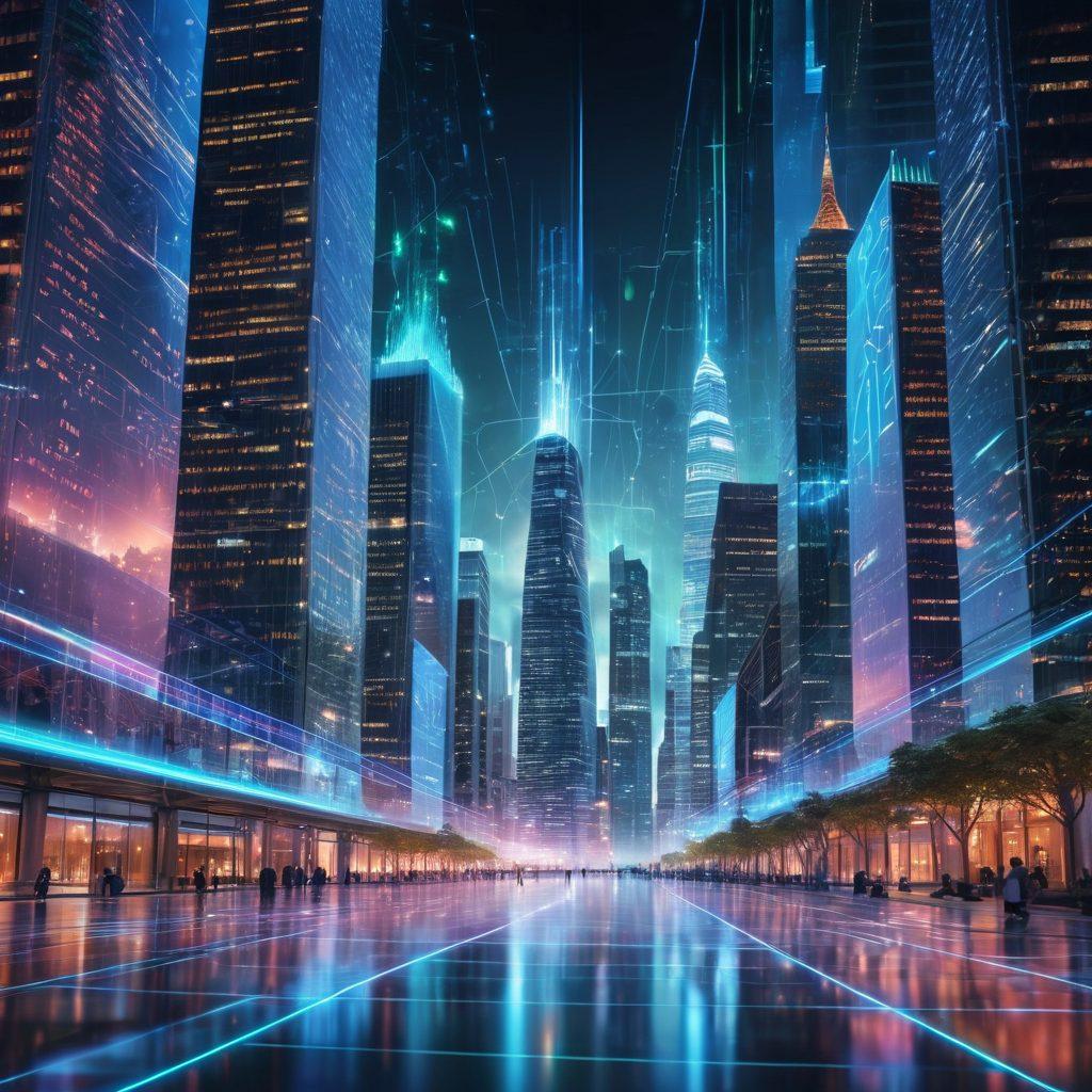 A sleek, modern digital cityscape with interconnected glowing data streams flowing between skyscrapers, representing robust internet connectivity. In the foreground, a confident professional navigating through a holographic interface displaying analytics and performance metrics. The backdrop should include cloud servers and Wi-Fi symbols. super-realistic. vibrant colors. high-tech. futuristic.